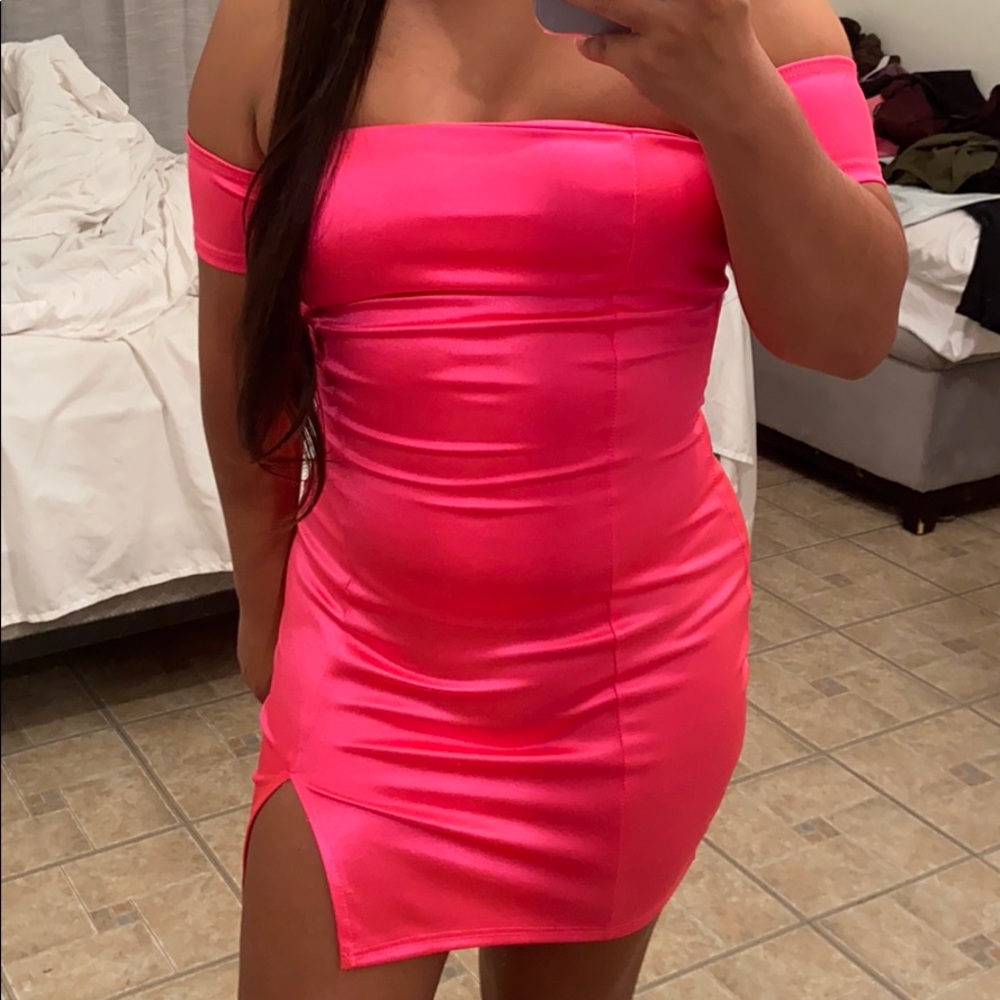 Silk Neon Pink Slit Cut Dress